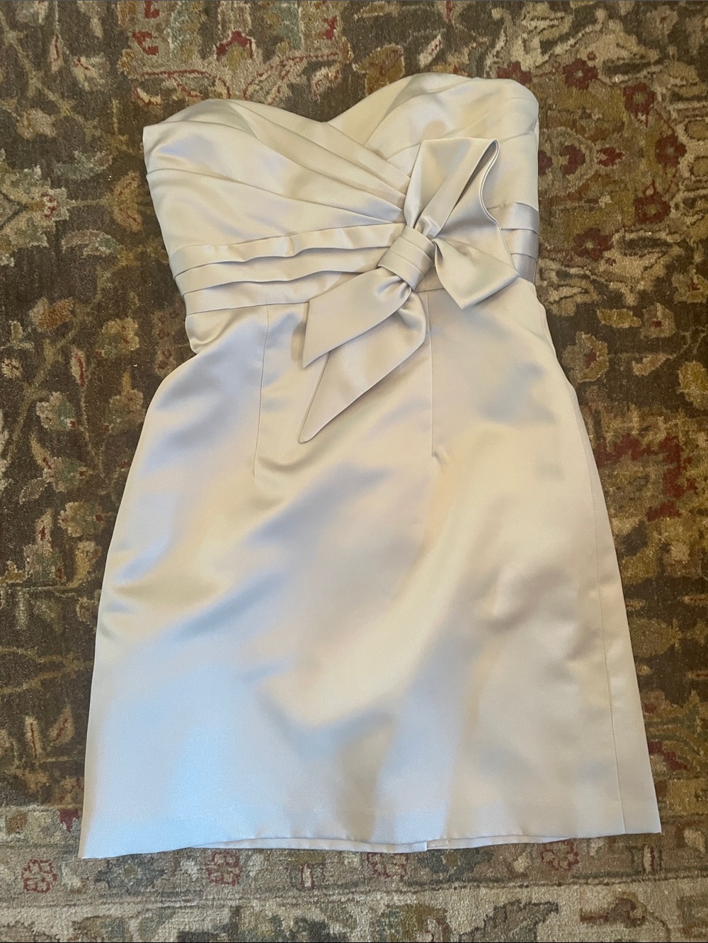 Alfred Angelo-Strapless Bow-Front Satin Cocktail Dress in Light Silver—Size 2